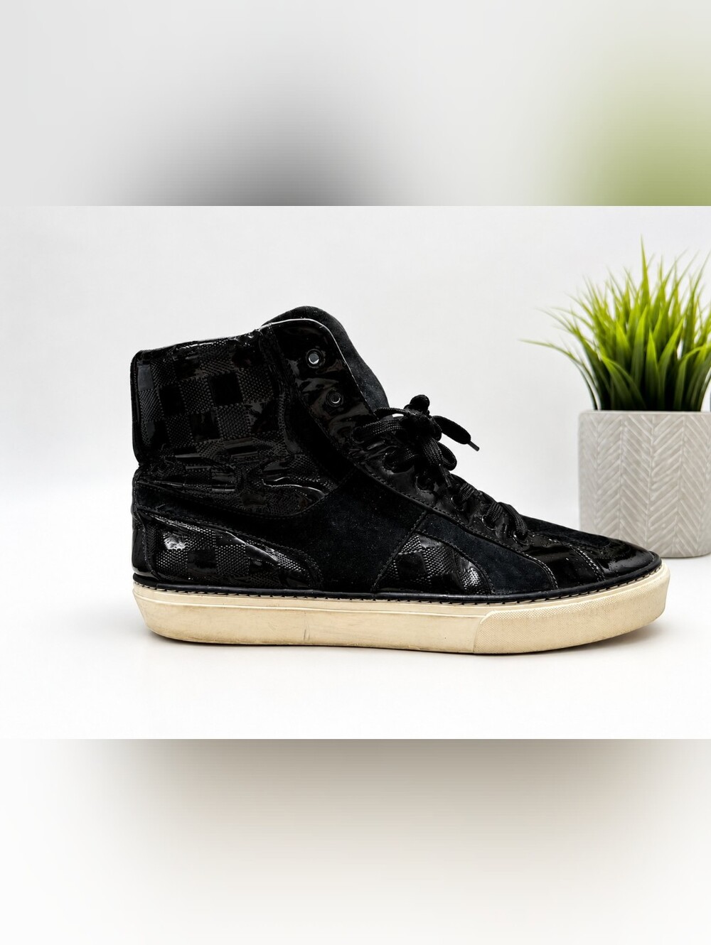 Louis Vuitton Black Damier Patent Leather Suede High Top Men's 9.5 Sneakers